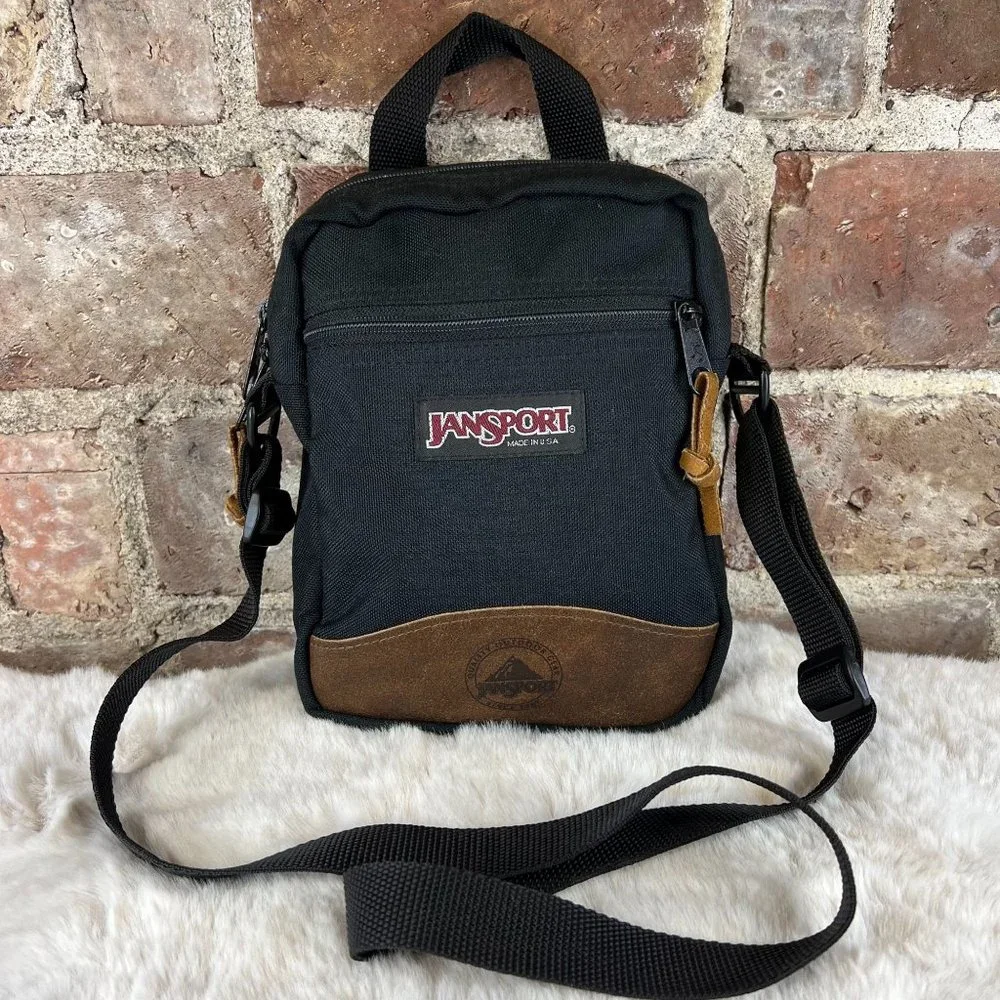 Vintage Jansport Crossbody Bag Black Leather Bottom One Size - Picture 1 of 10